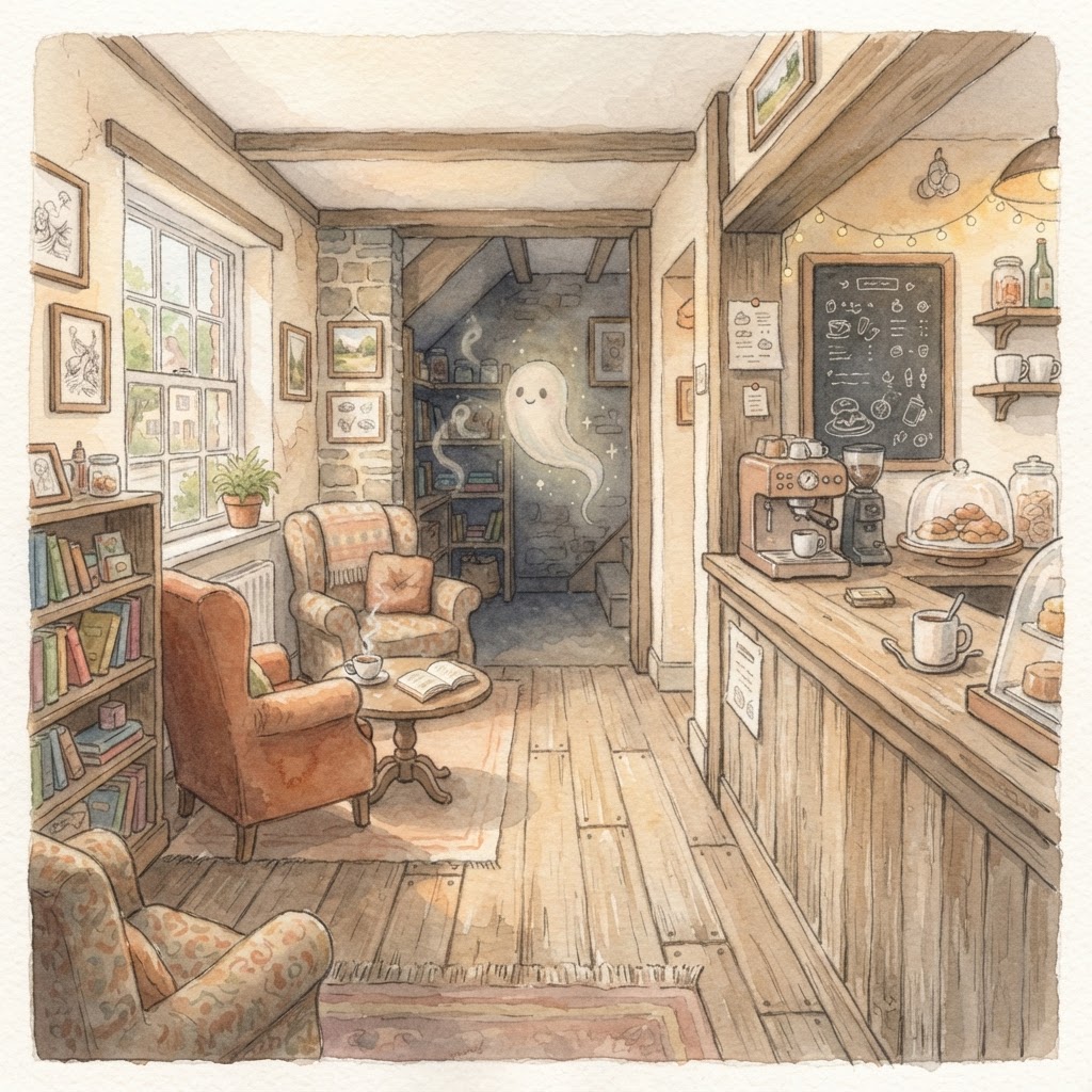 A cosy village coffee shop interior: a counter with an espresso machine, pastries under a cloche, armchairs and a bookshelf, morning light, a shadowy haunted nook in the back corner — soft watercolour.