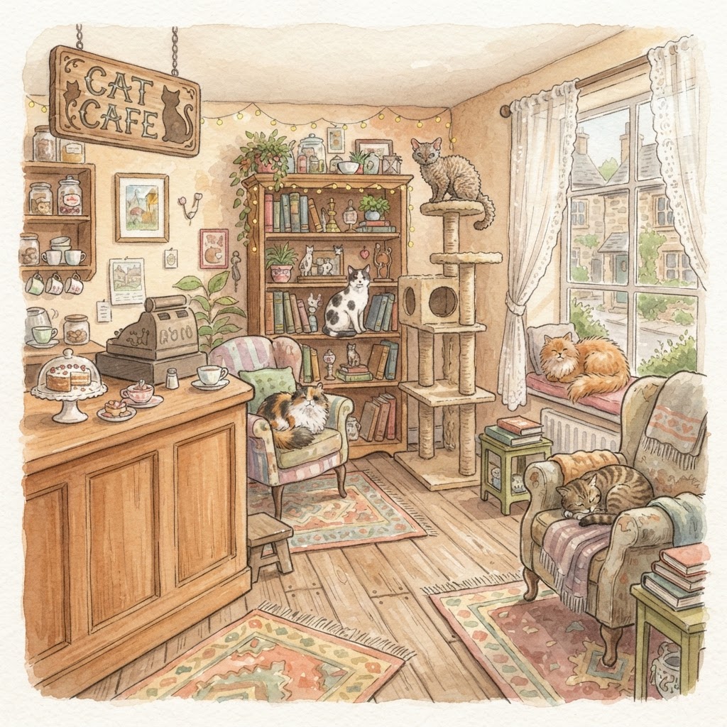 A cosy village cat café interior: a counter with a cake stand, mismatched armchairs, a bookshelf and cat tree, and several quirky cats lounging about — soft watercolour.