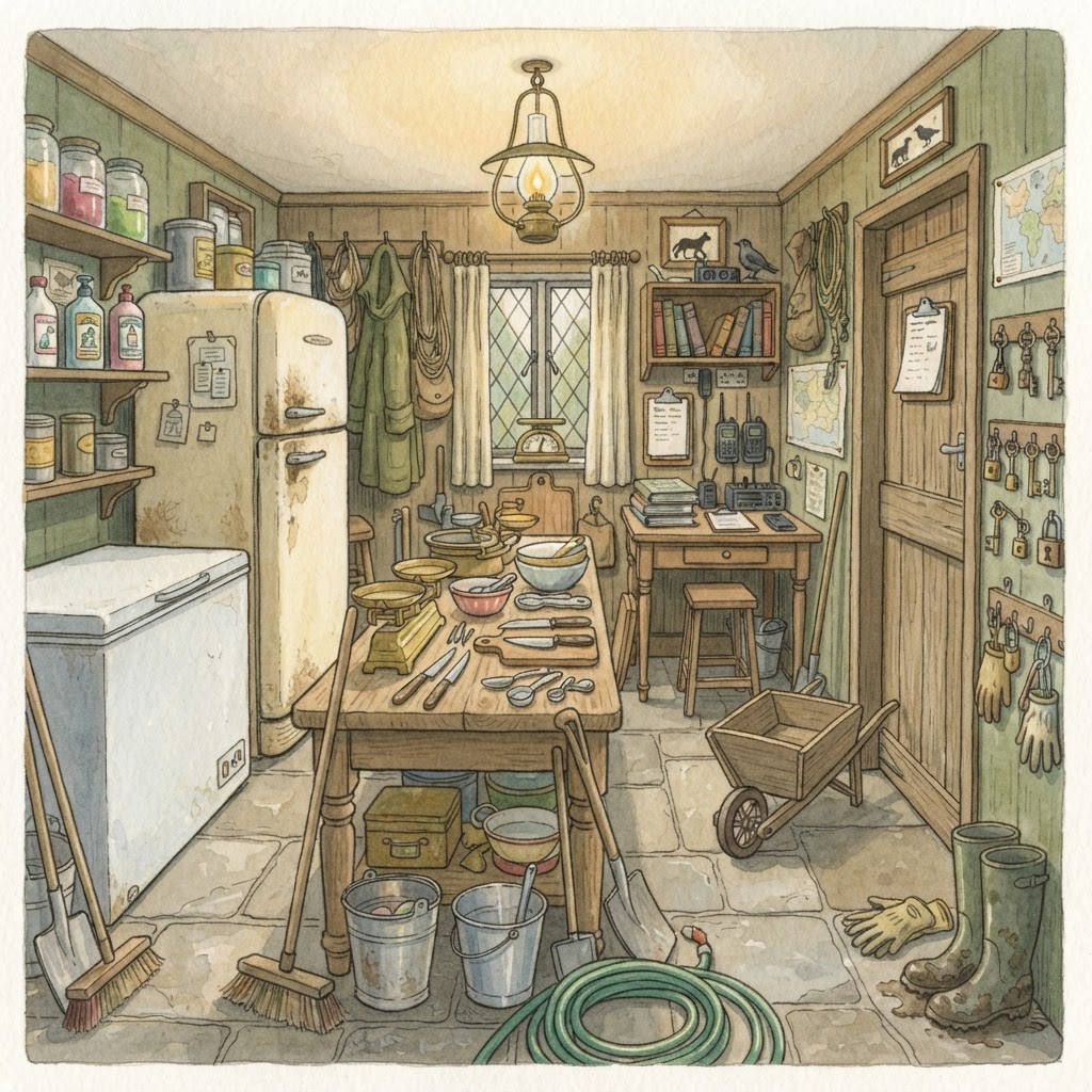 The cluttered interior of the zoo keeper's hut.