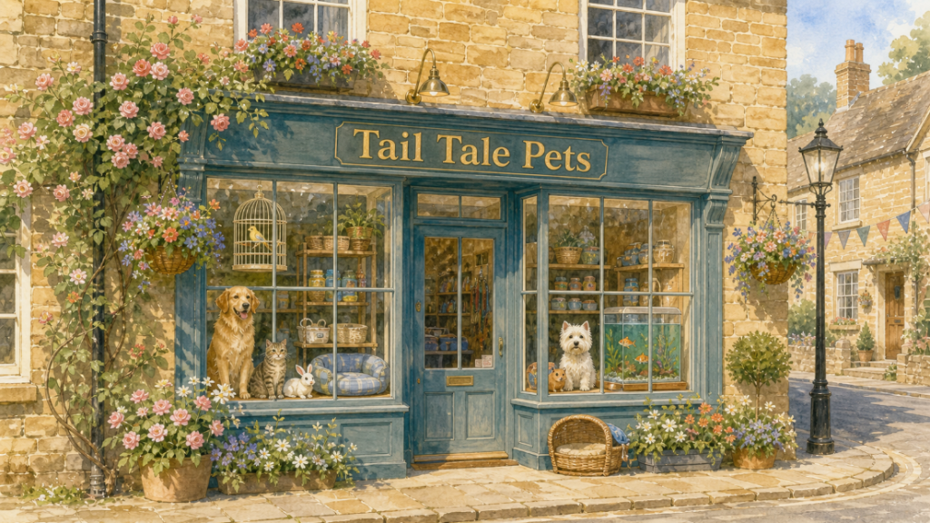 The exterior of Tail Tale Pets, a painted pet-shop storefront on a cobblestone street: a teal-blue shopfront with a glass door flanked by display windows holding a golden retriever, tabby cat, rabbit, birdcage and fish tank, climbing roses and hanging baskets of flowers, brass lamps and a Victorian street lamp.