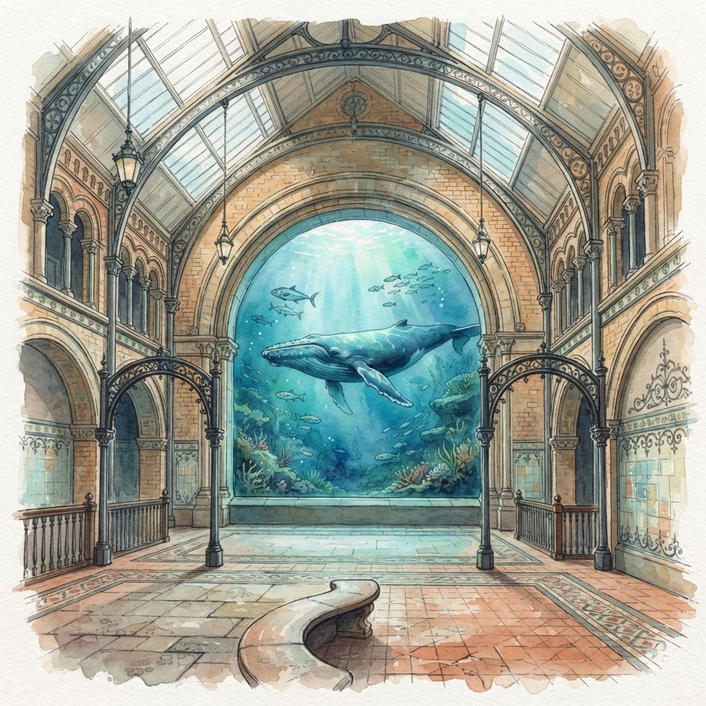 A grand Victorian aquarium with a whale beyond the glass.