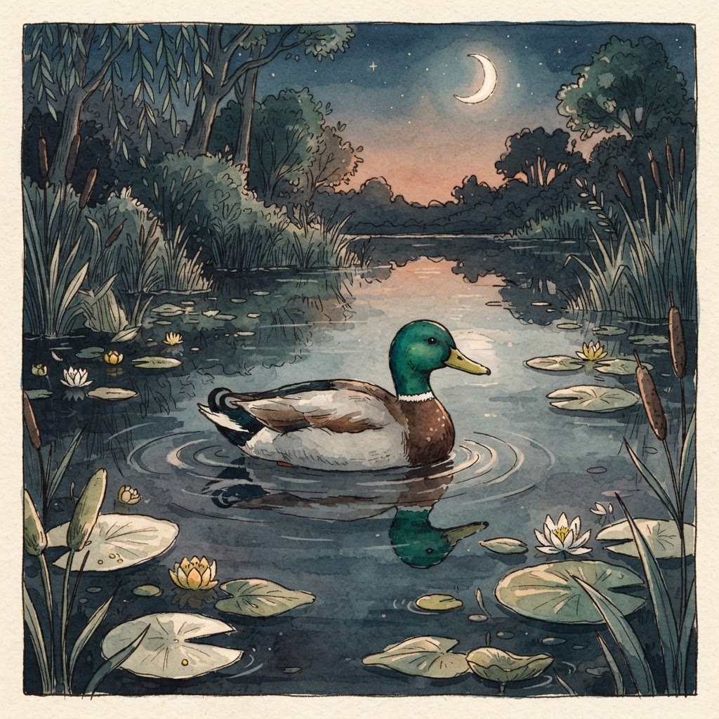 A drake mallard on still pond water