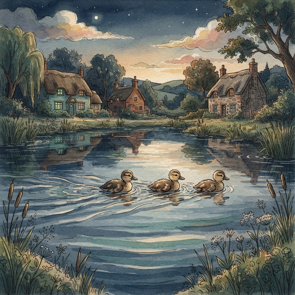 Ducklings swimming in a row across the pond