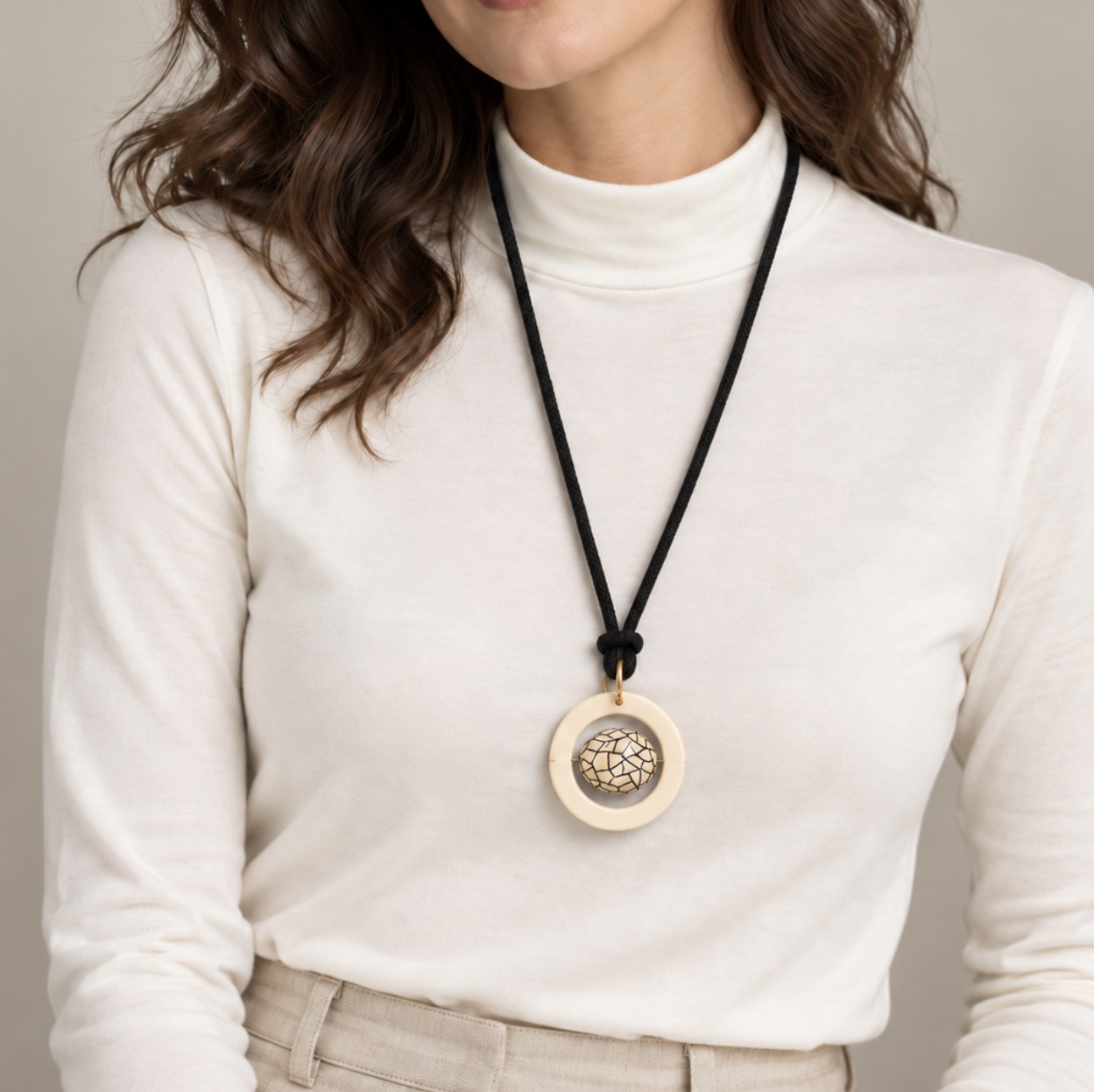 Signature Crackled Bead Ring Pendant Necklace — Black Cord