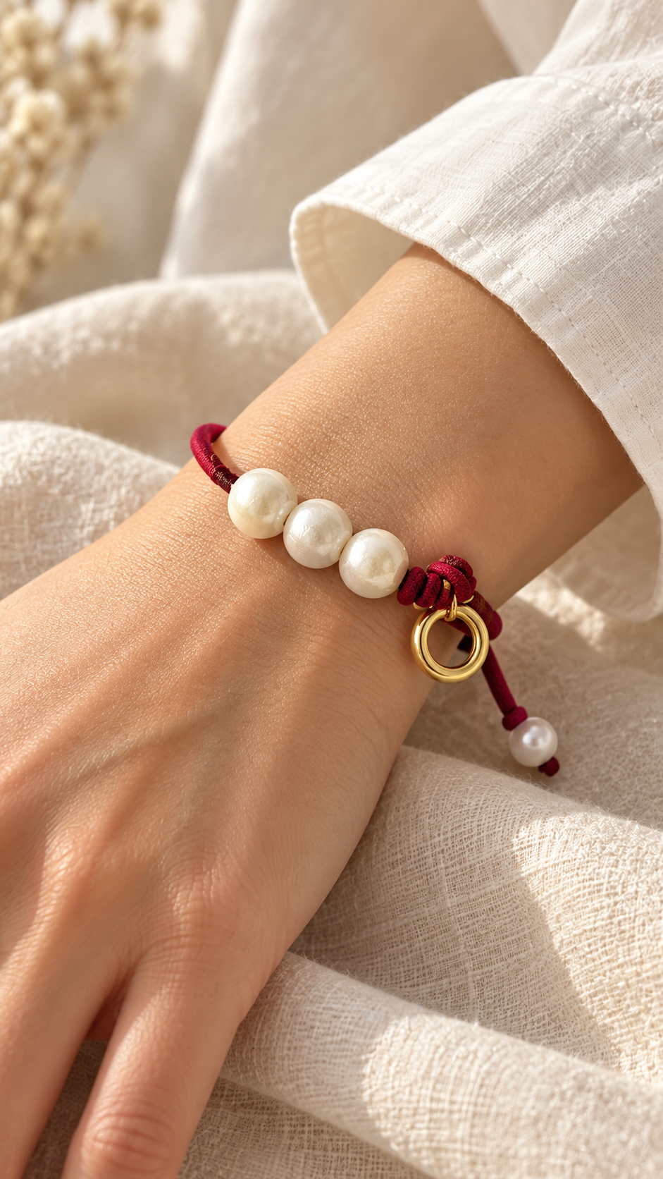Signature Three Pearl & Gold Ring Bracelet — Burgundy Cord