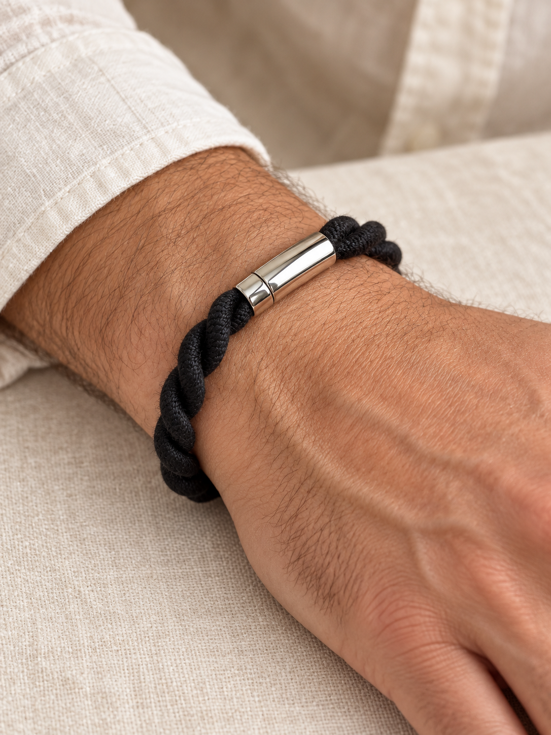 Signature Braided Black Cord Bracelet — Silver Magnetic Clasp