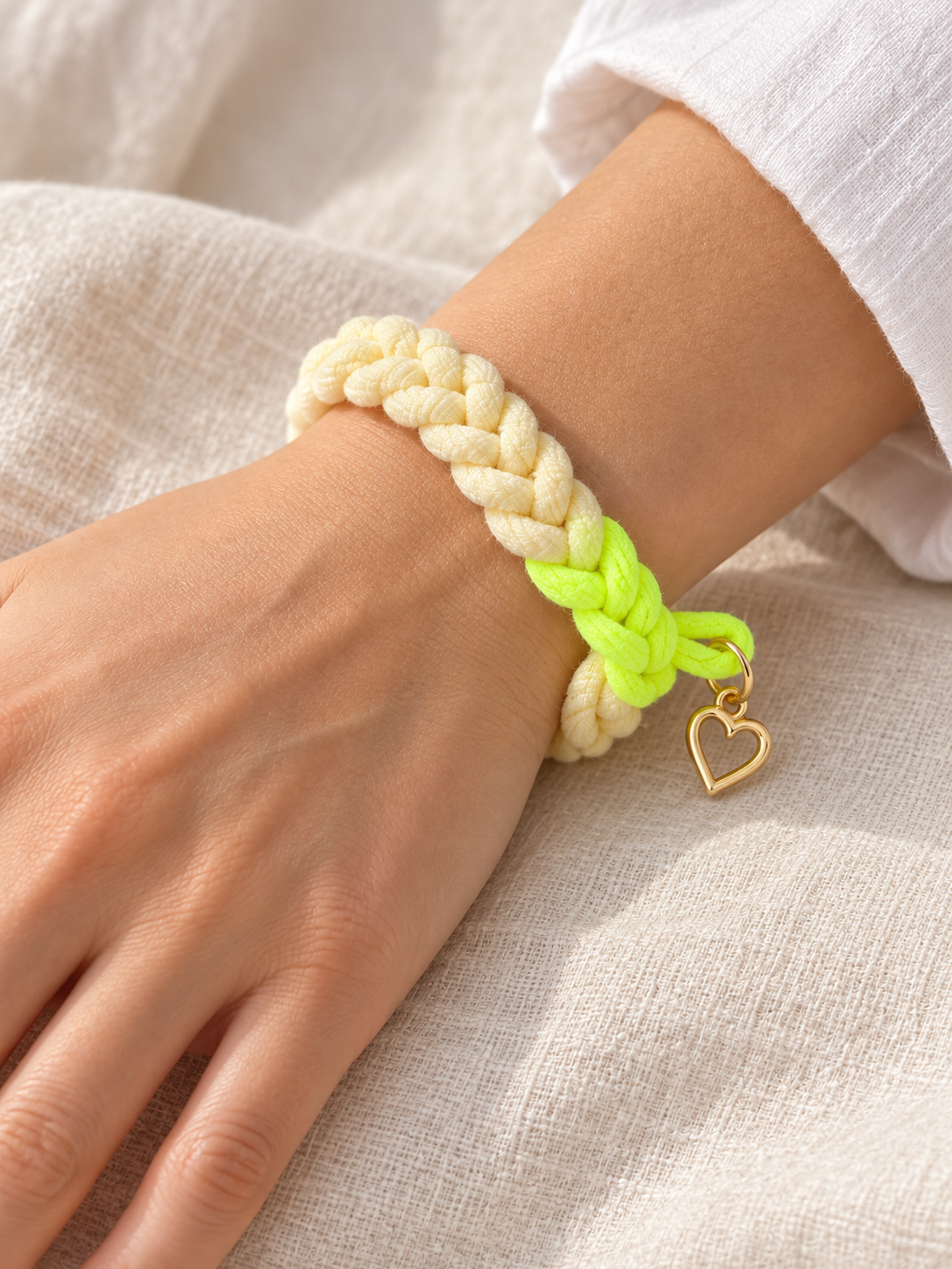 Signature Braided Cream & Neon Bracelet — Gold Heart Charm