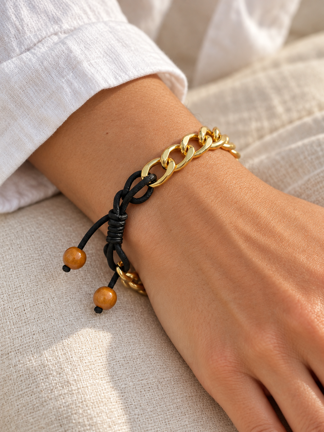 Signature Gold Chain & Black Cord Bracelet — Wooden Beads