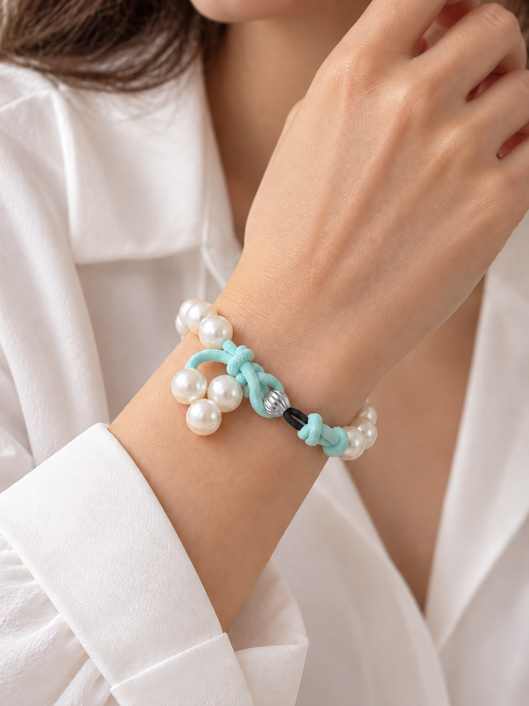 Signature Pearl Cluster Bracelet — Turquoise Cord