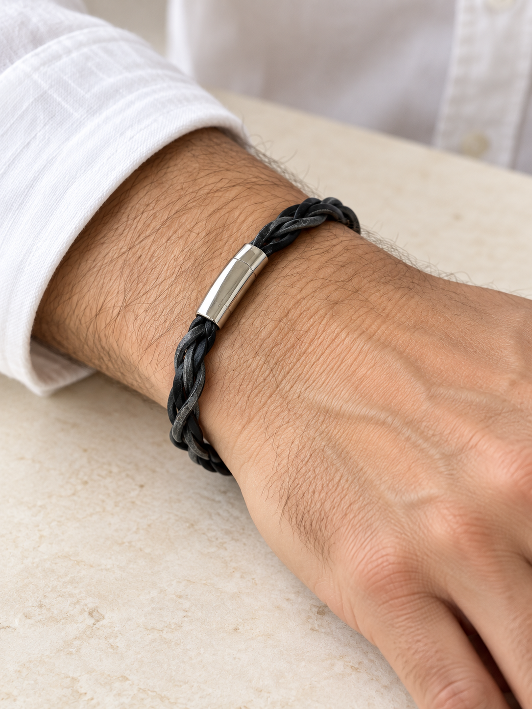 Signature Braided Black Leather Bracelet — Silver Magnetic Clasp