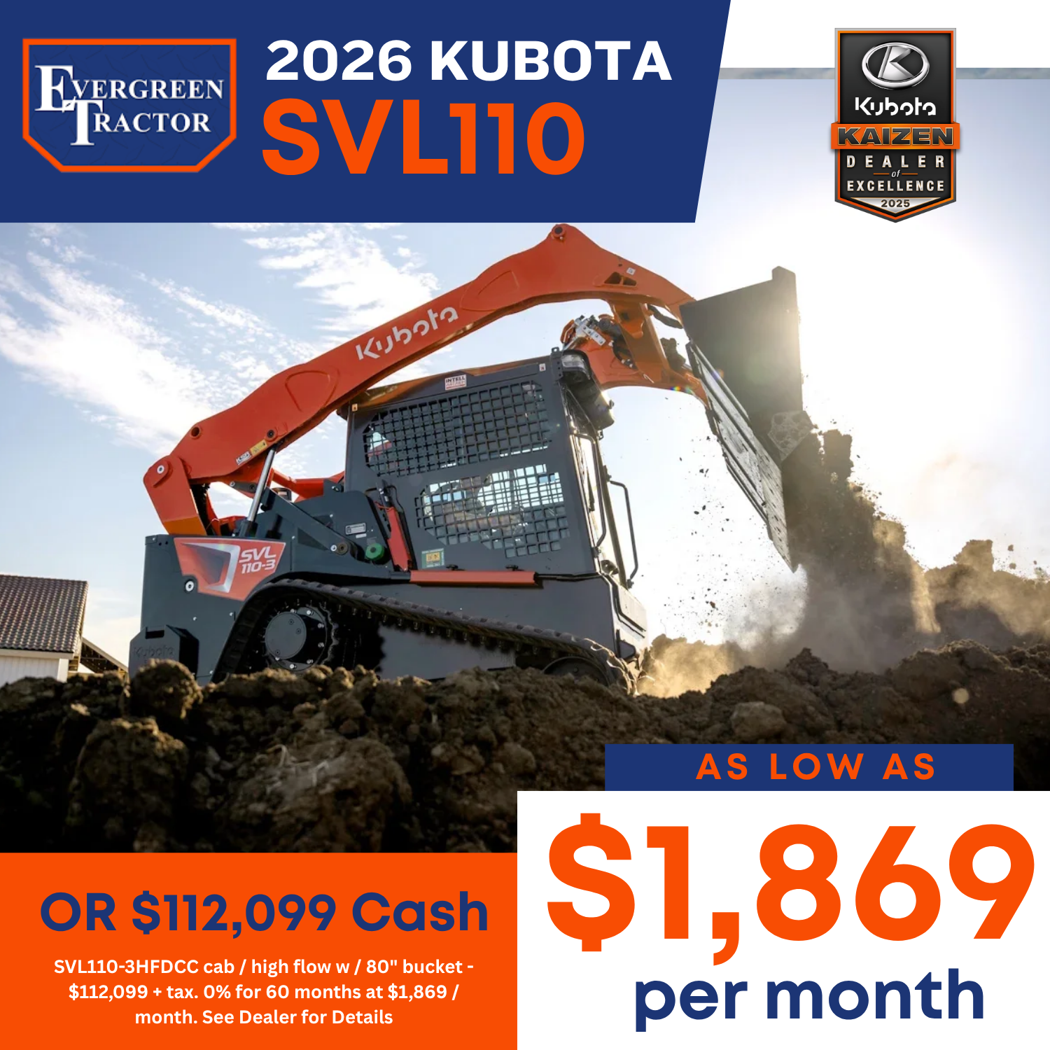 2026 Kubota SVL110 compact track loader construction special at Evergreen Tractor