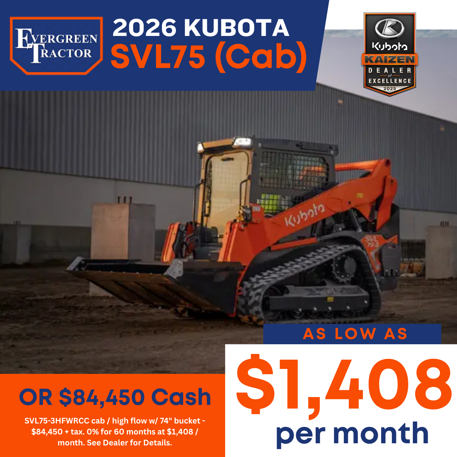 2026 Kubota SVL75 cab compact track loader construction special at Evergreen Tractor