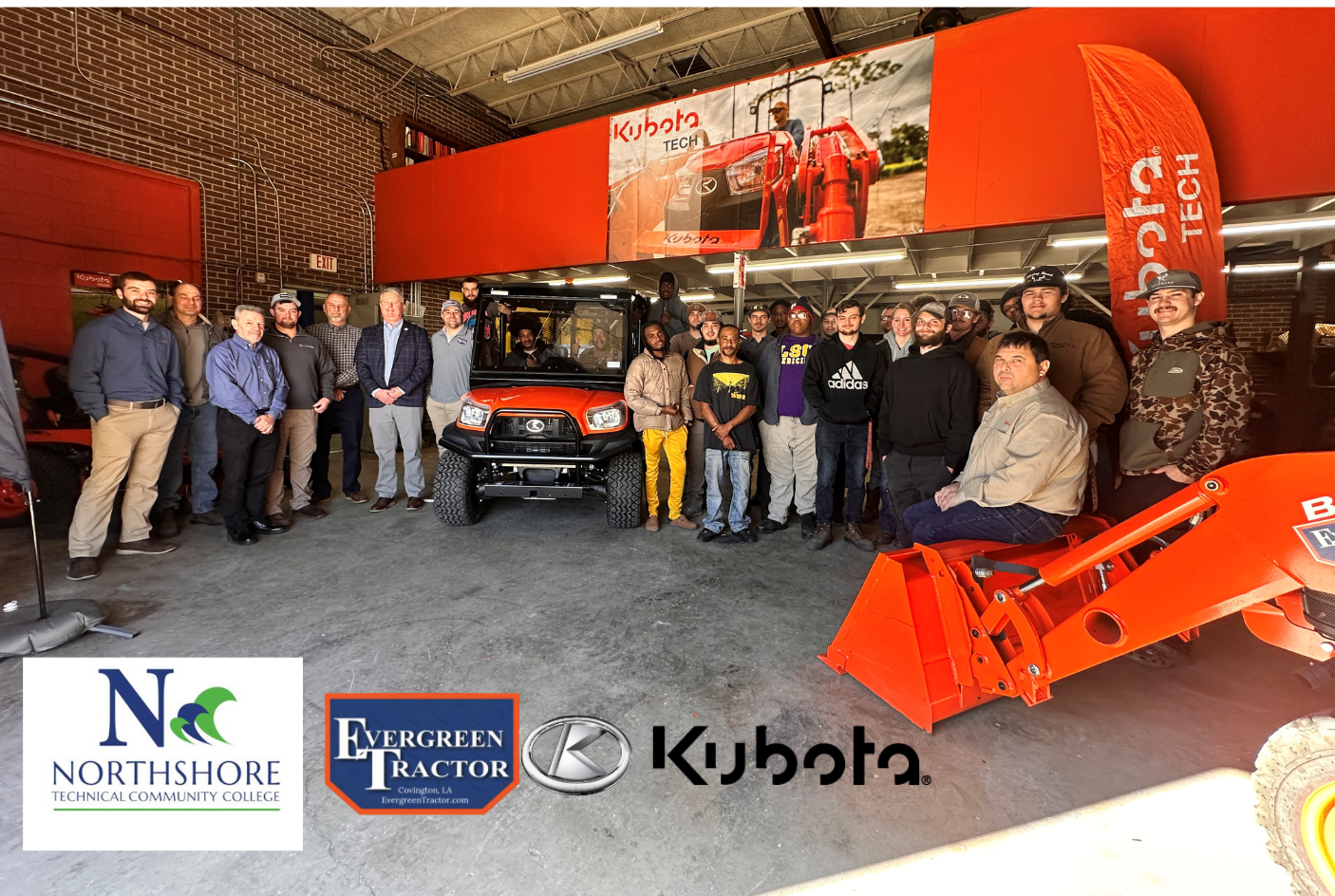 Evergreen Tractor and Kubota TECH partnership group photo with students at Northshore Technical Community College