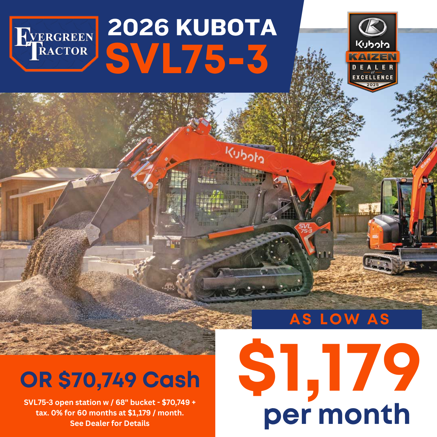 2026 Kubota SVL75-3 compact track loader construction special at Evergreen Tractor