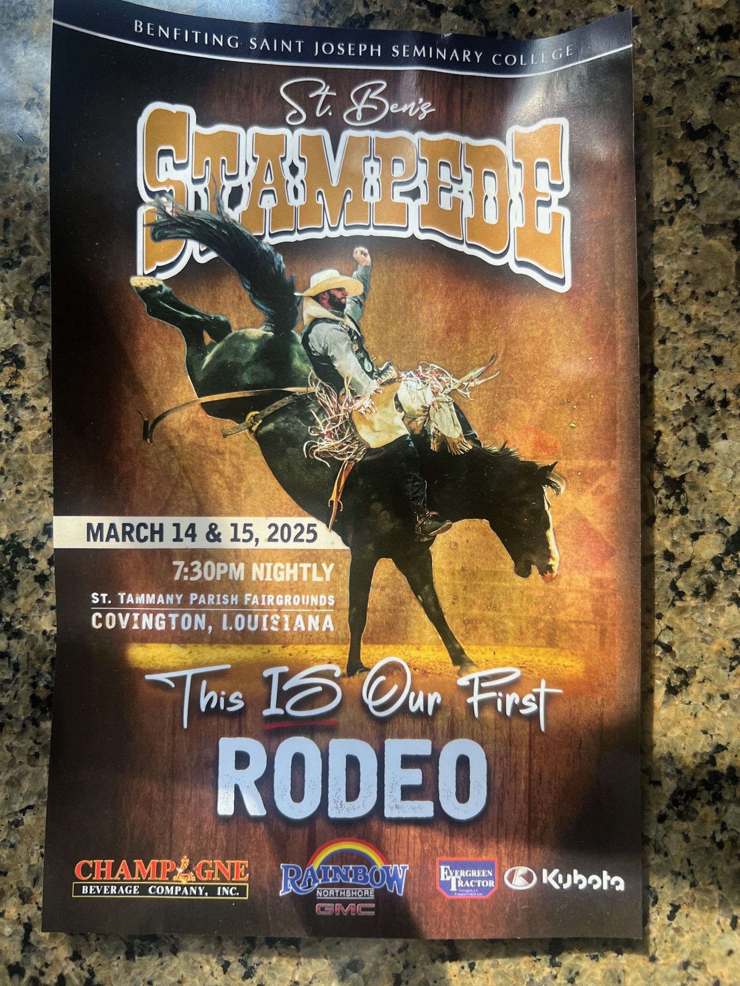 St. Ben's Stampede rodeo poster benefiting Saint Joseph Seminary College, sponsored by Evergreen Tractor and Kubota