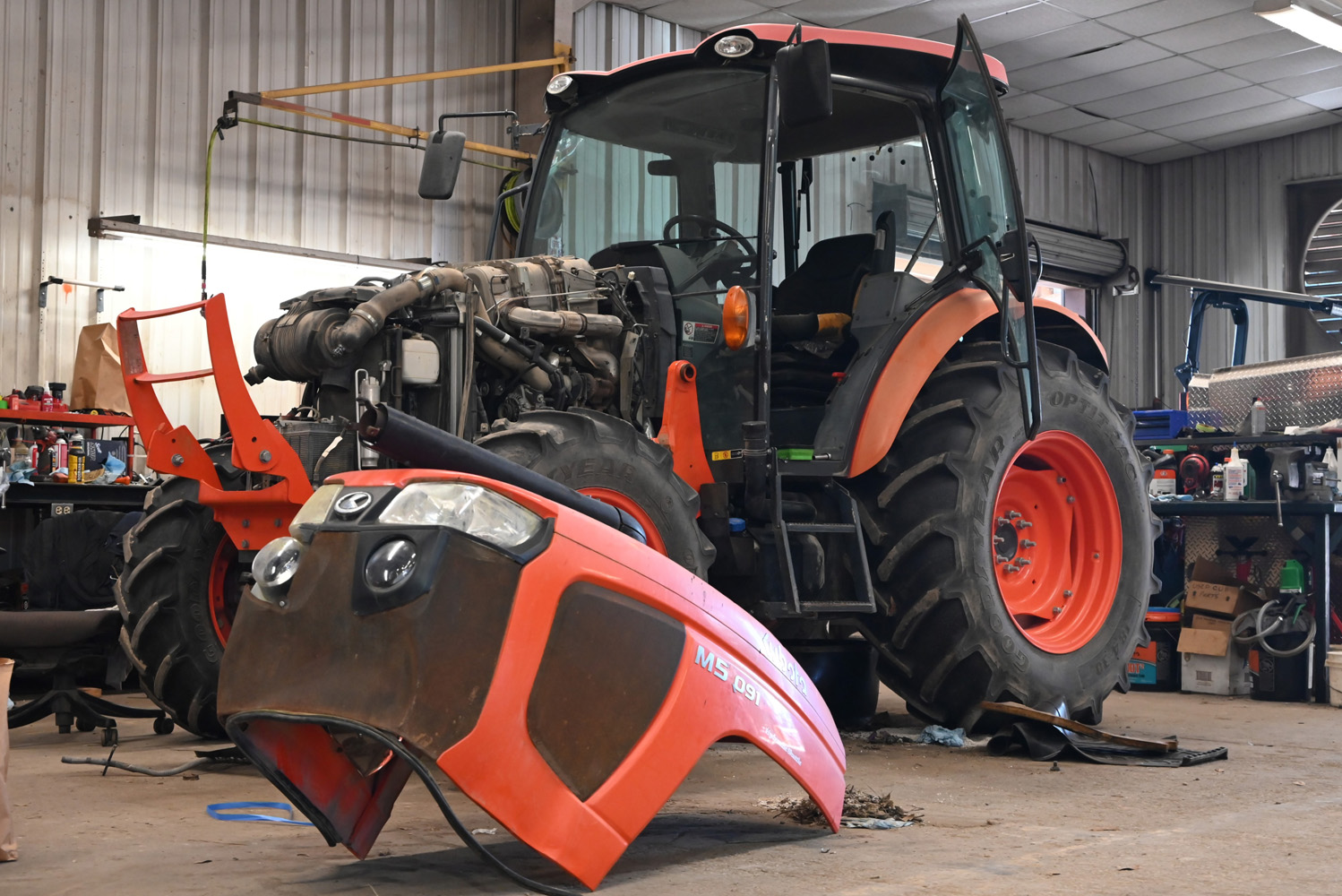 Kubota tractor receiving service in the Evergreen Tractor workshop
