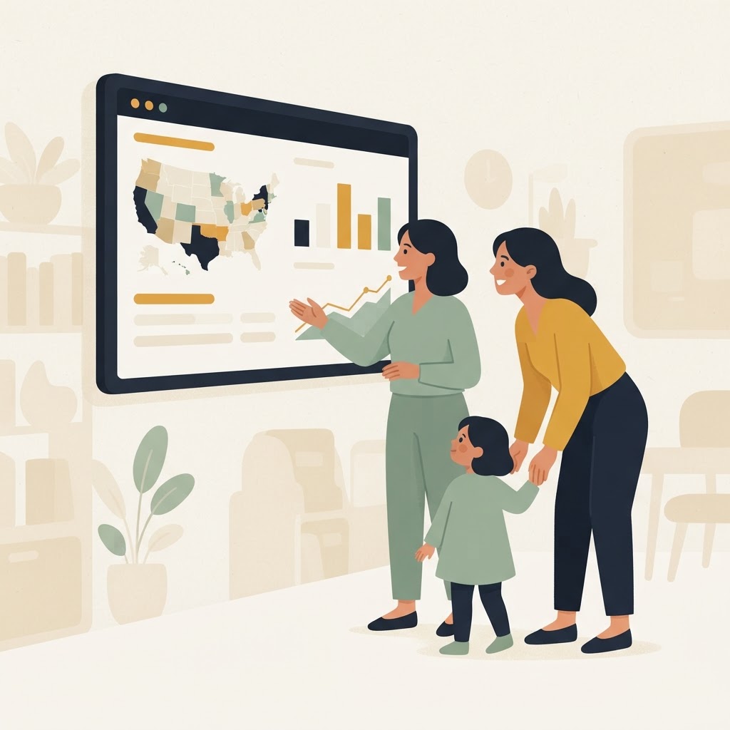 A family and teacher exploring an education data dashboard together