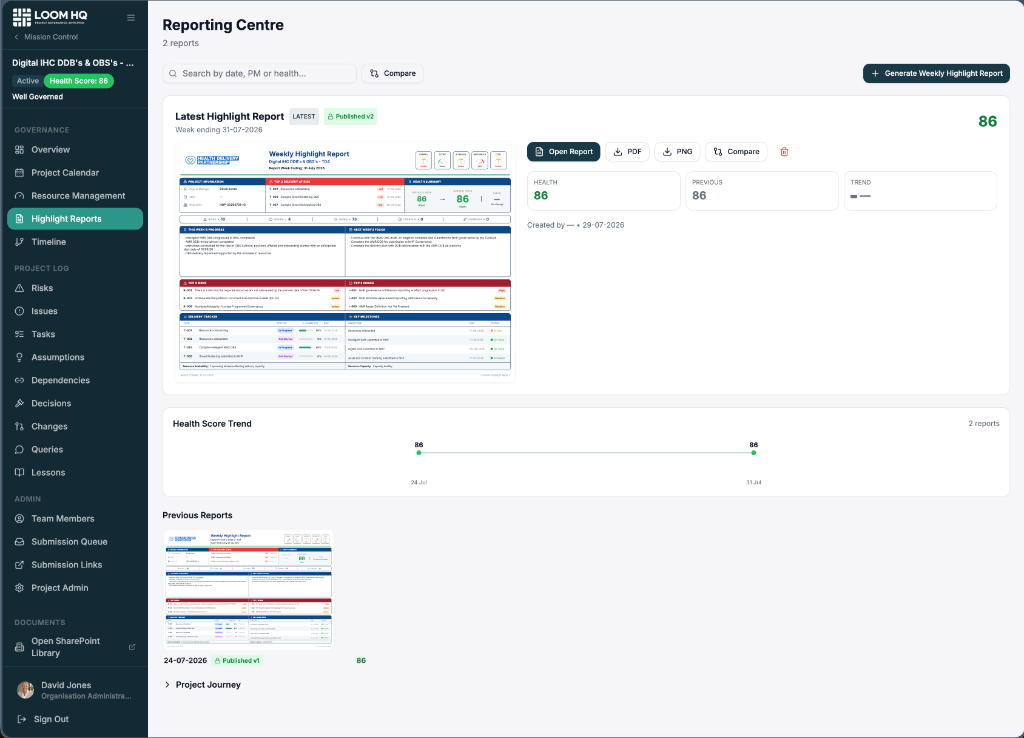 LoomHQ Reporting Centre with highlight reports, health score trend and exports