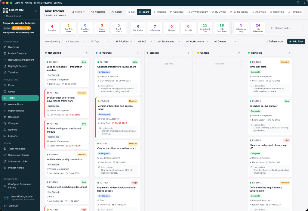 LoomHQ task Kanban board view with status columns and priority badges