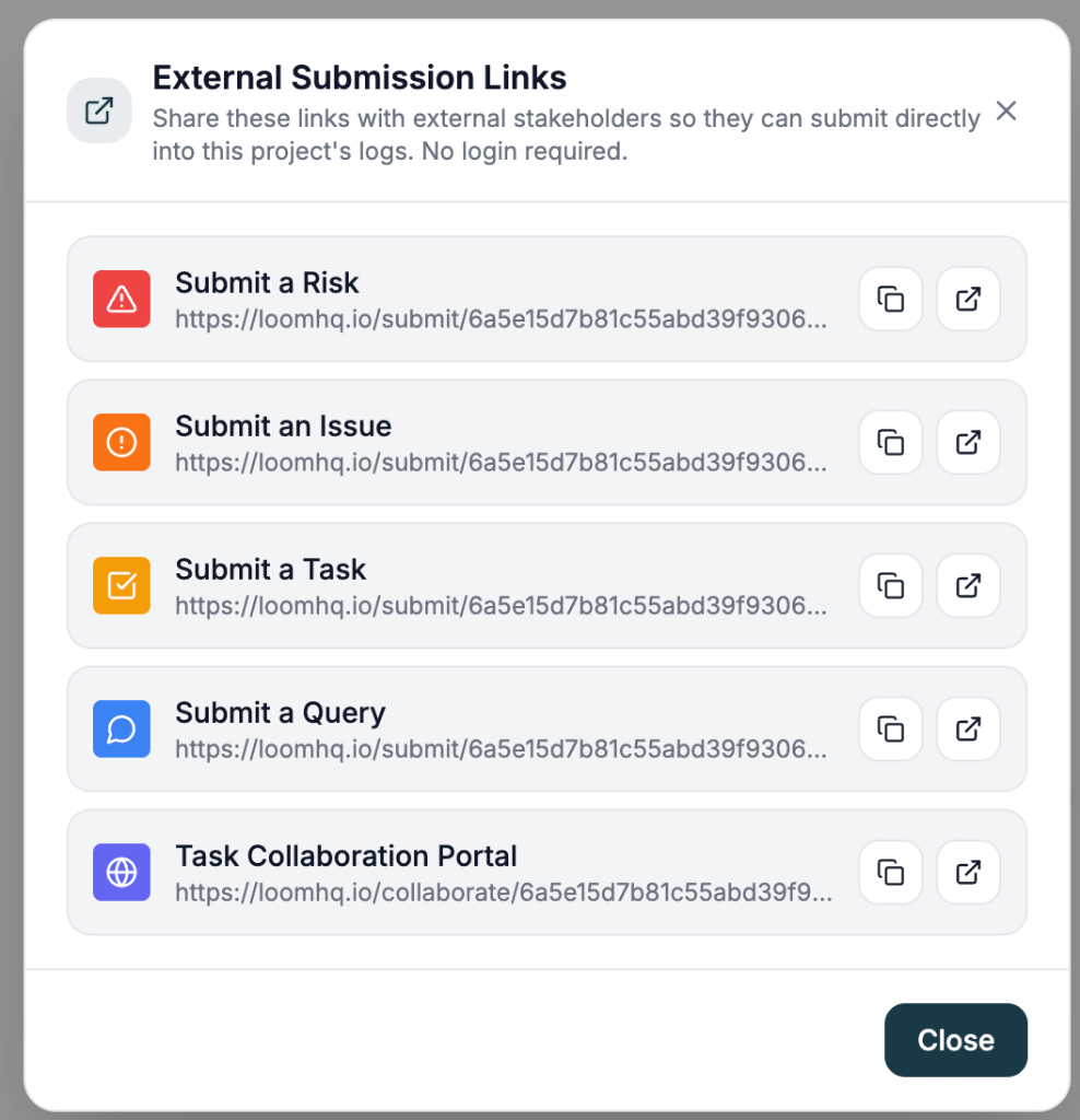 LoomHQ external submission links modal for sharing risk, issue, task and query forms