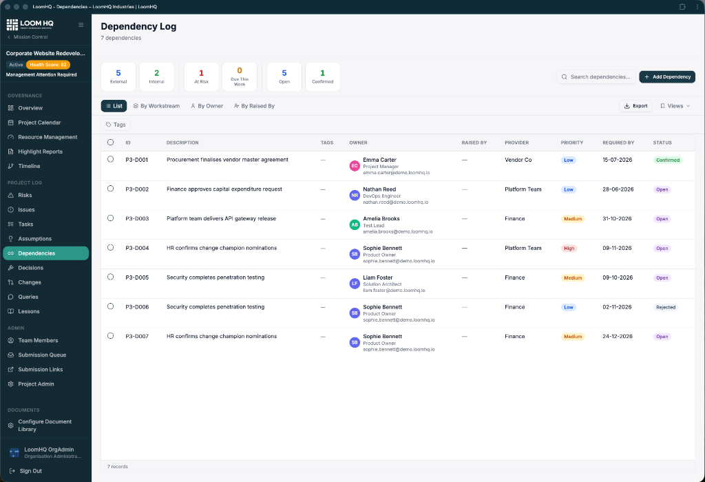 LoomHQ project dependency log with provider, priority and status tracking