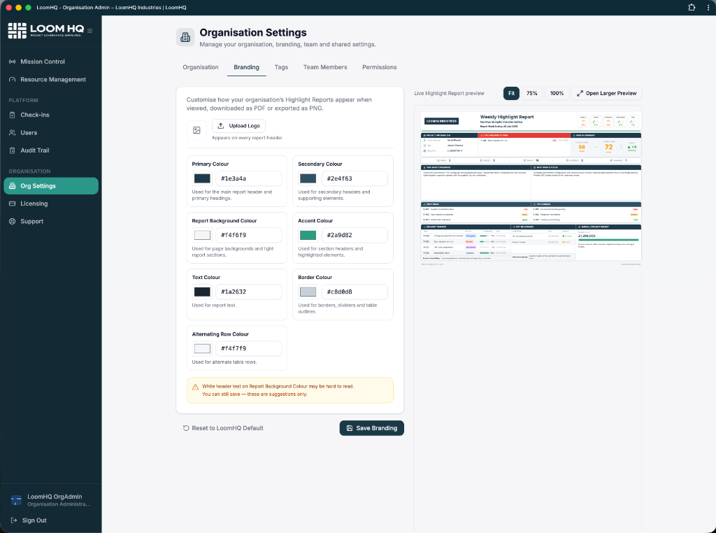 LoomHQ organisation settings branding tab with colour customisation and live highlight report preview