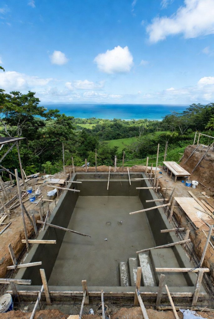 Pool concrete shell — structural frame with ocean backdrop