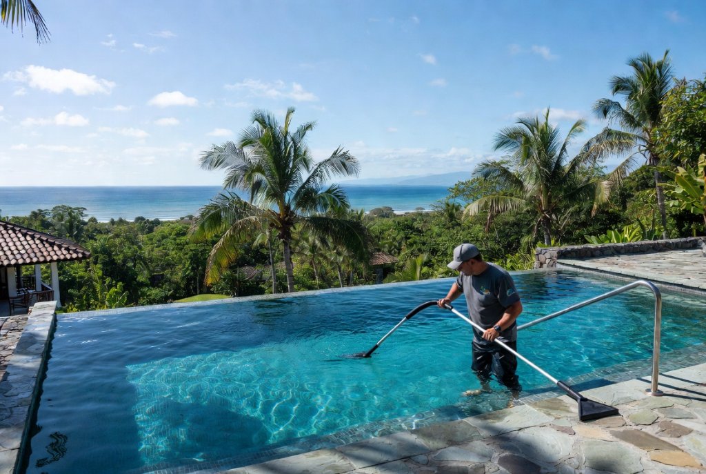 Technician cleaning and maintaining pool