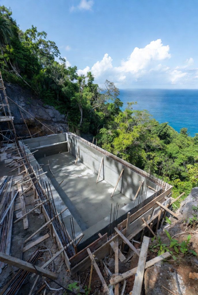 Hillside pool shell under construction β Clermont