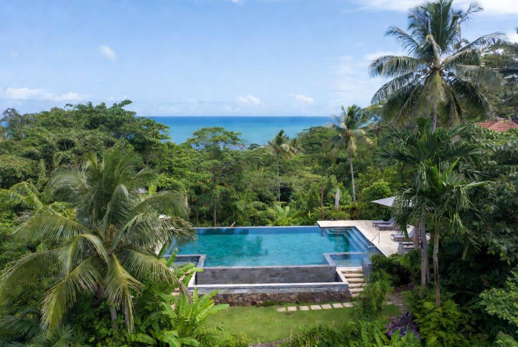 Aerial view — private pool surrounded by tropical greenery