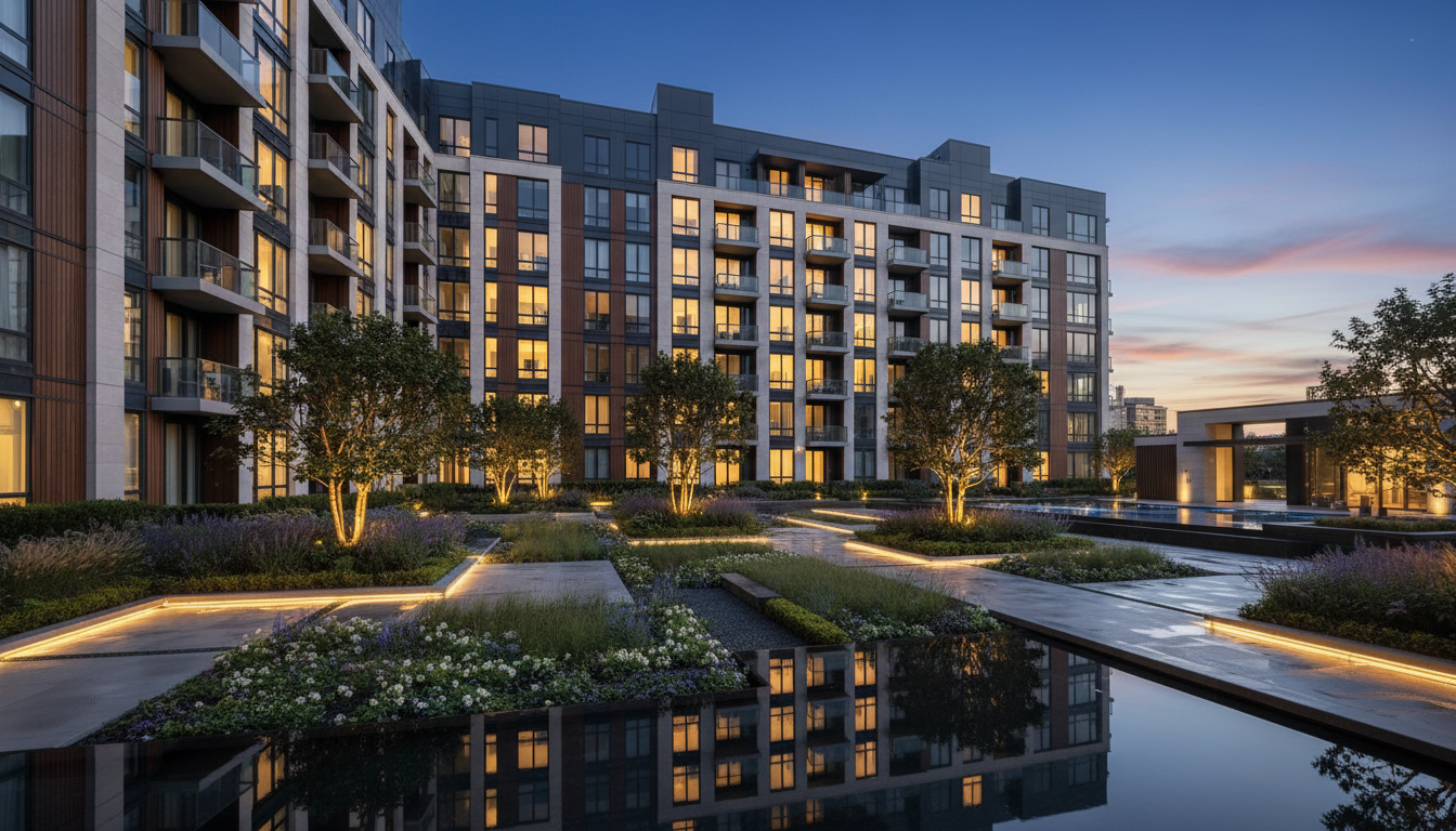 Luxury apartment community at twilight