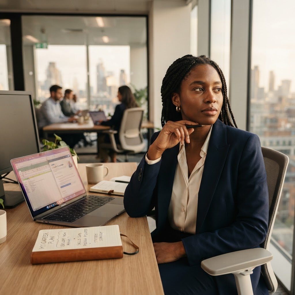 Femme professionnelle réfléchissant à sa reconversion