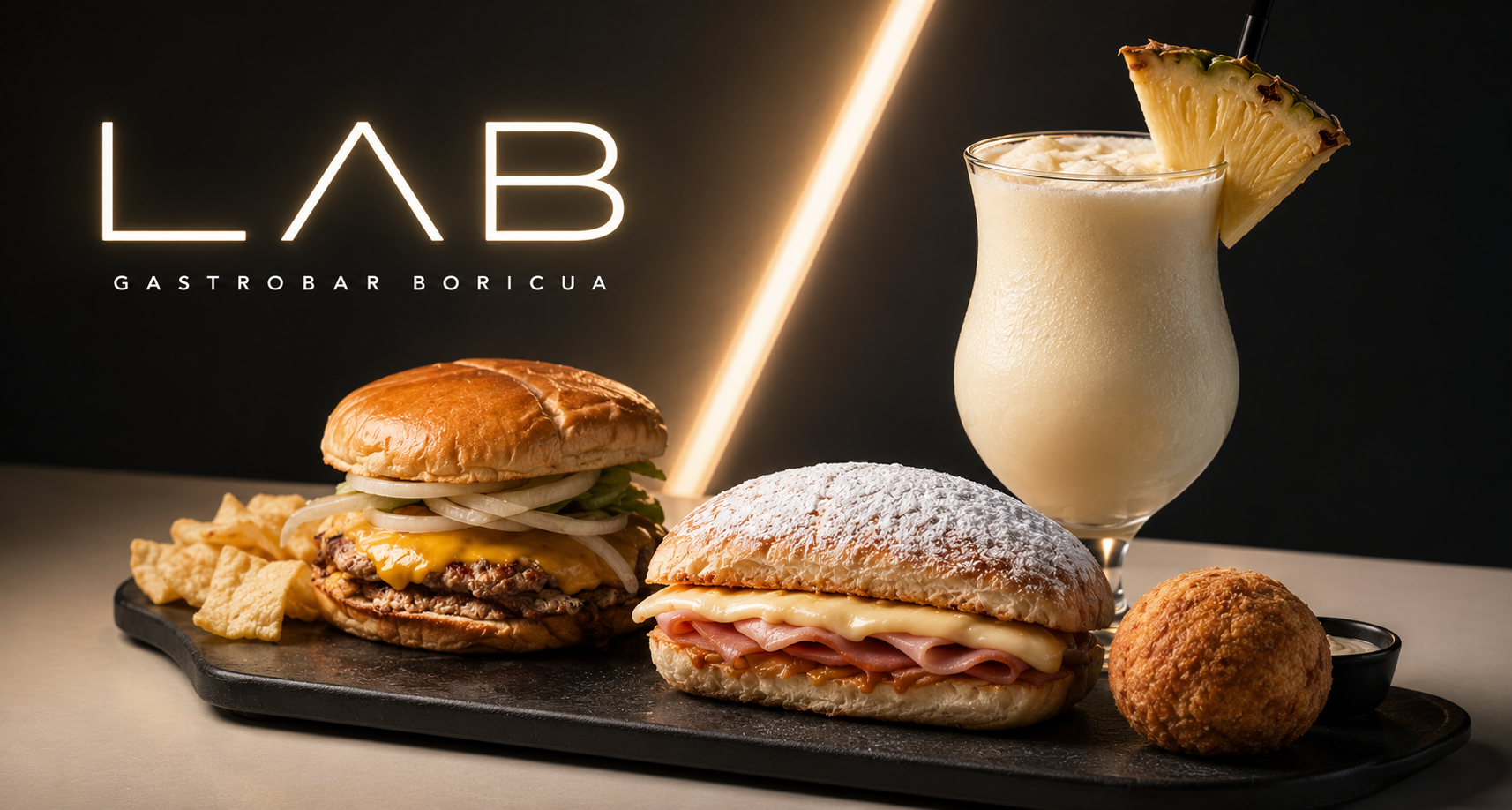 The Lab Gastrobar Boricua — food spread on slate platter