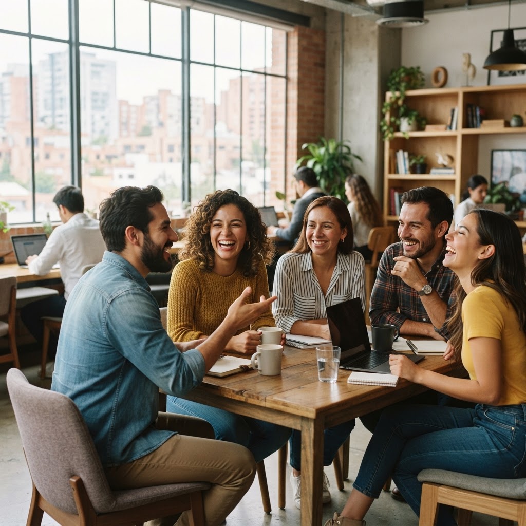 Colombianos conversando en una reunión de la comunidad