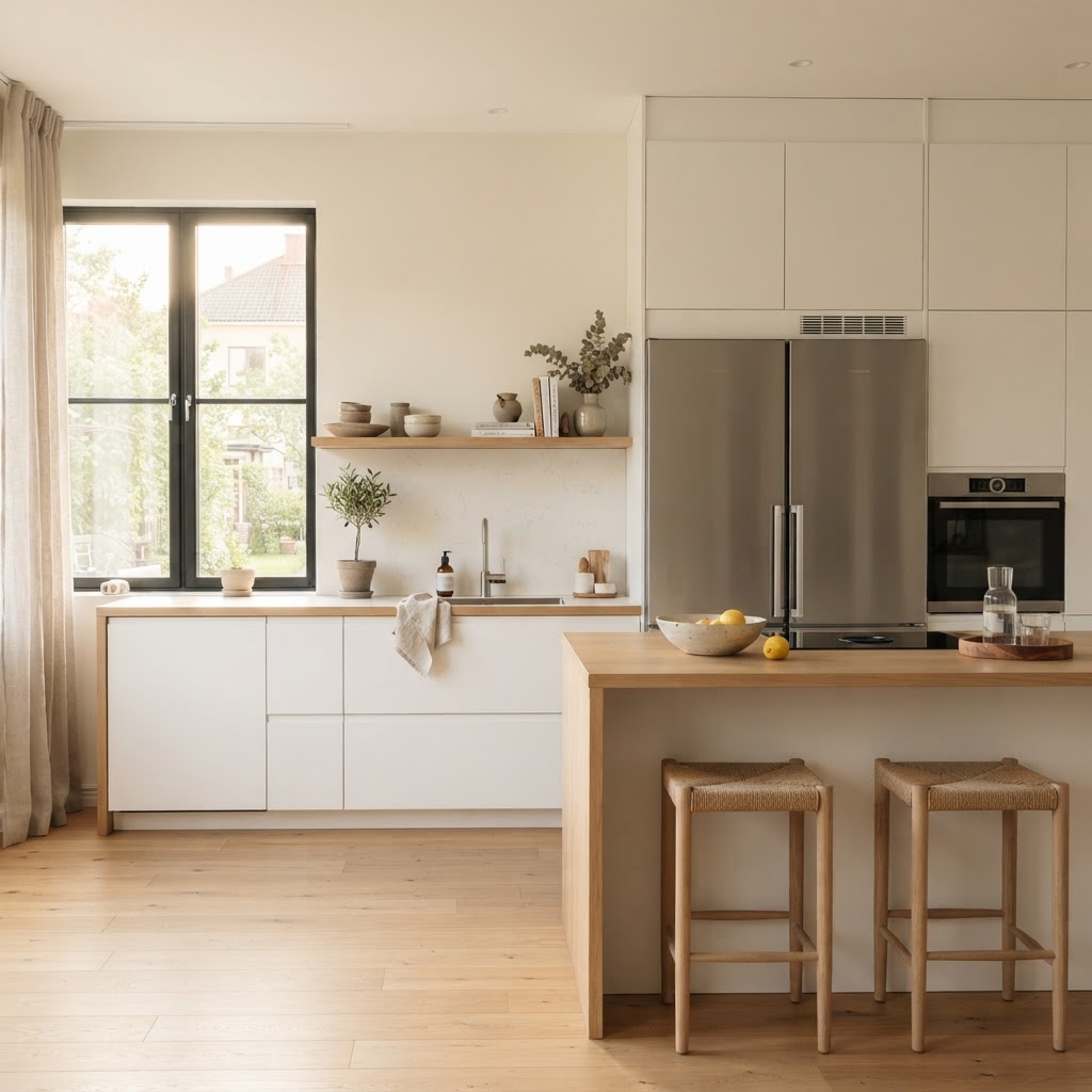 Cocina moderna equipada con línea blanca
