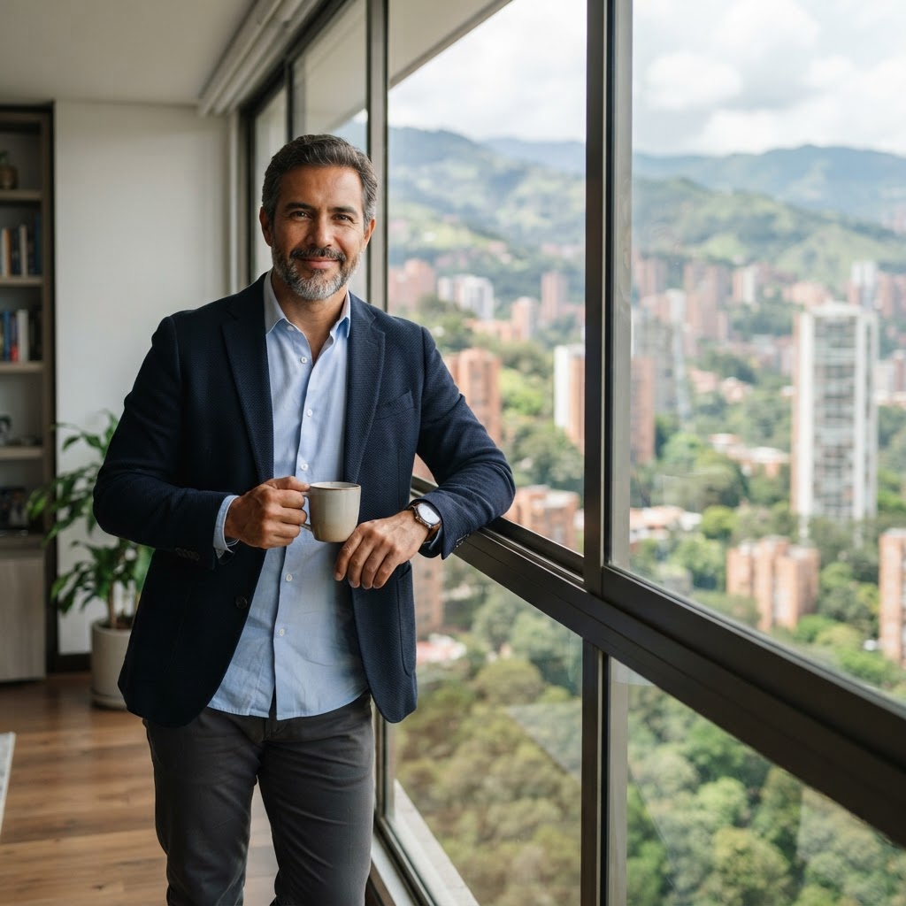 Hombre colombiano en su apartamento con vista a la ciudad
