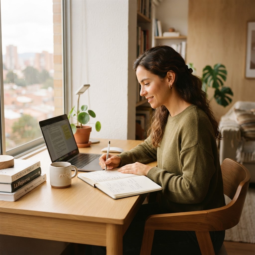 Mujer colombiana estudiando en casa