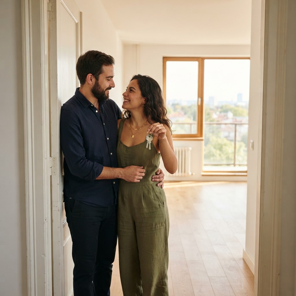 Pareja recibiendo las llaves de su primer apartamento