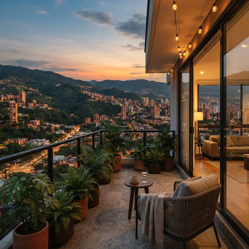 Balcón de un apartamento en Colombia al atardecer