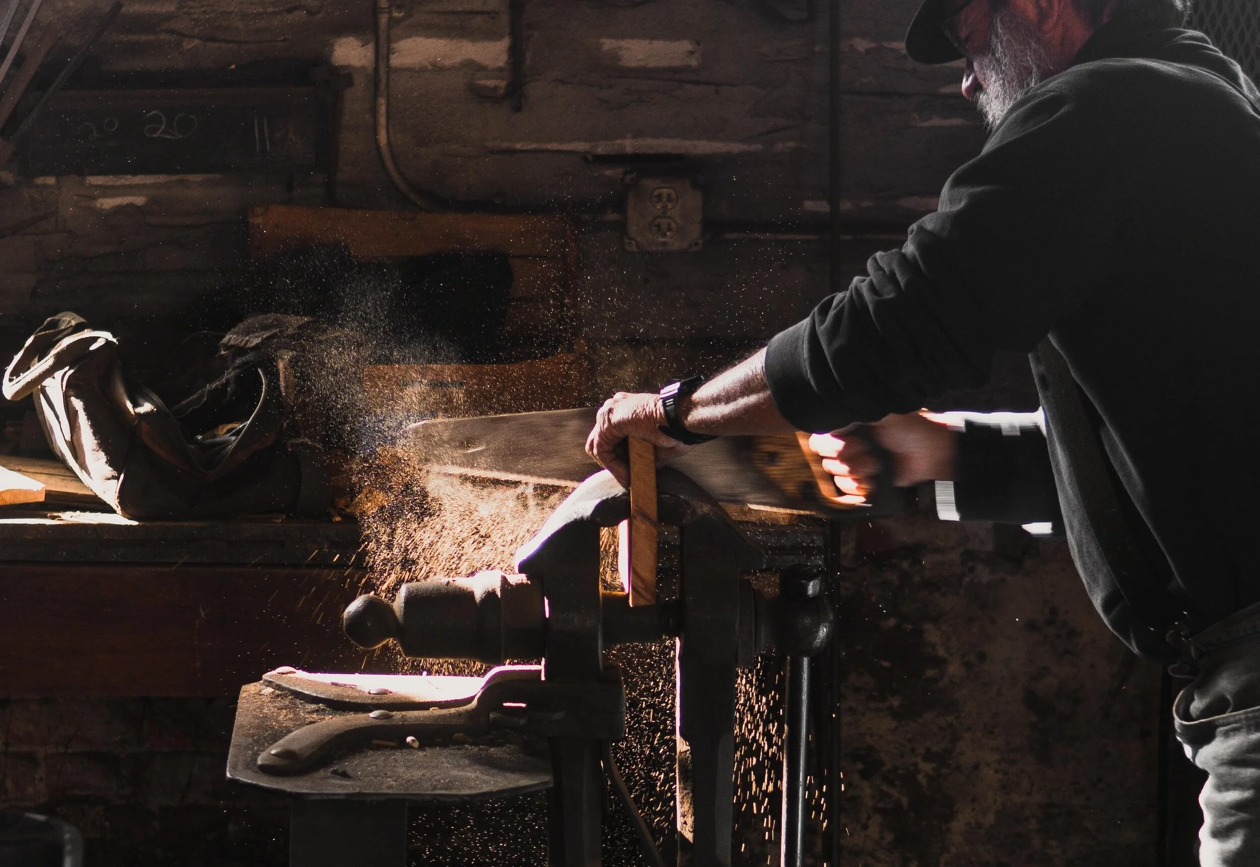 Woodworking bench with hand tools