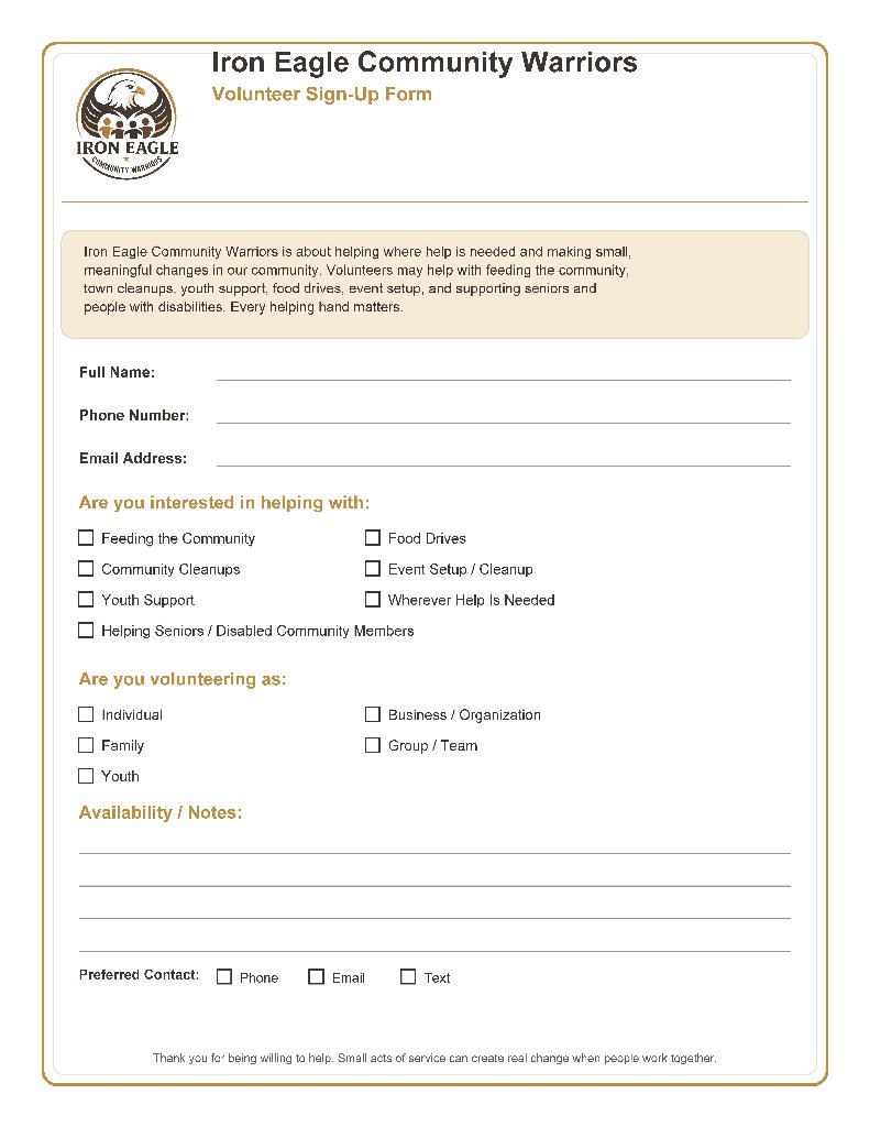 Iron Eagle Community Warriors Volunteer Sign-Up Form preview