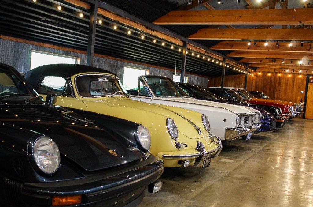 Classic cars inside the exhibition hall
