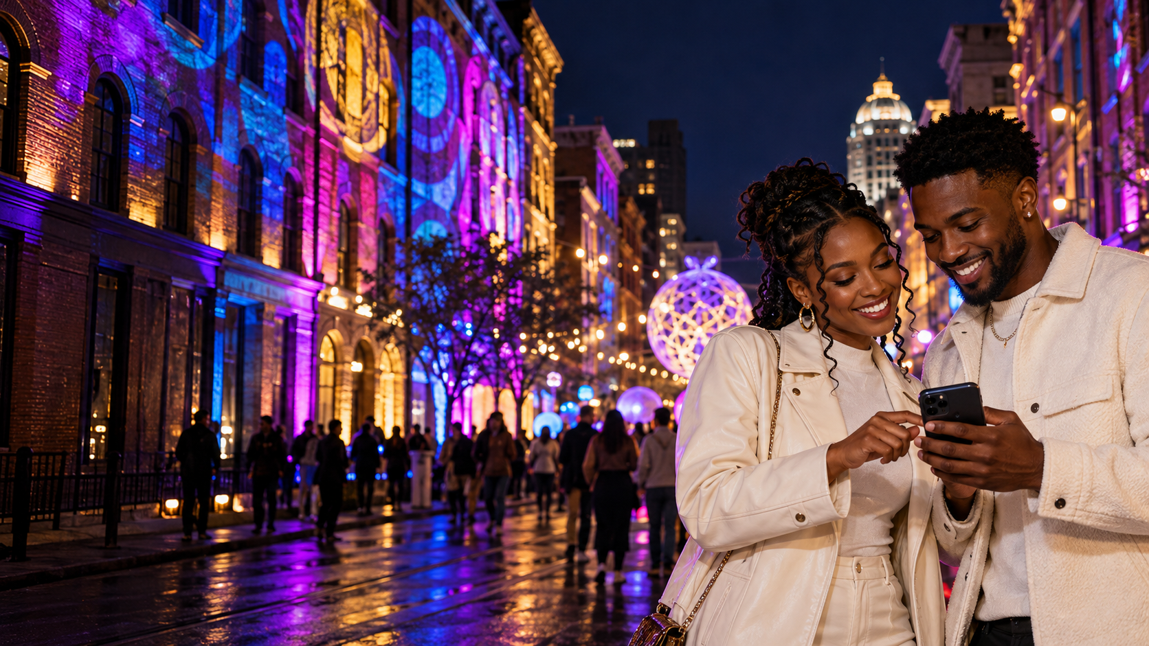 BLINK-inspired promotional visual: a couple exploring the festival on their phone at night in Cincinnati