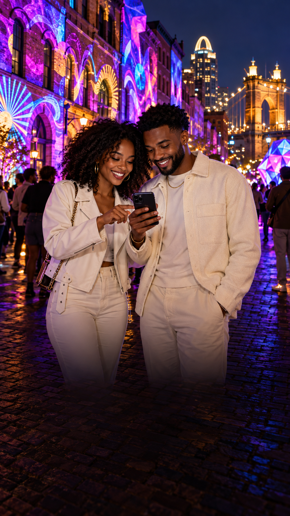 BLINK-inspired promotional visual: a couple exploring the festival on their phone at night in Cincinnati