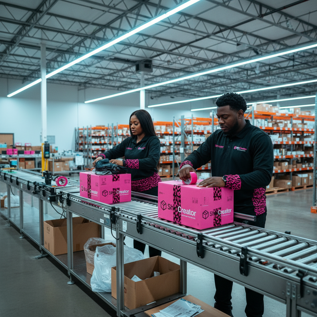 ShipCreator team members packaging boxes in warehouse with hot pink and black branding