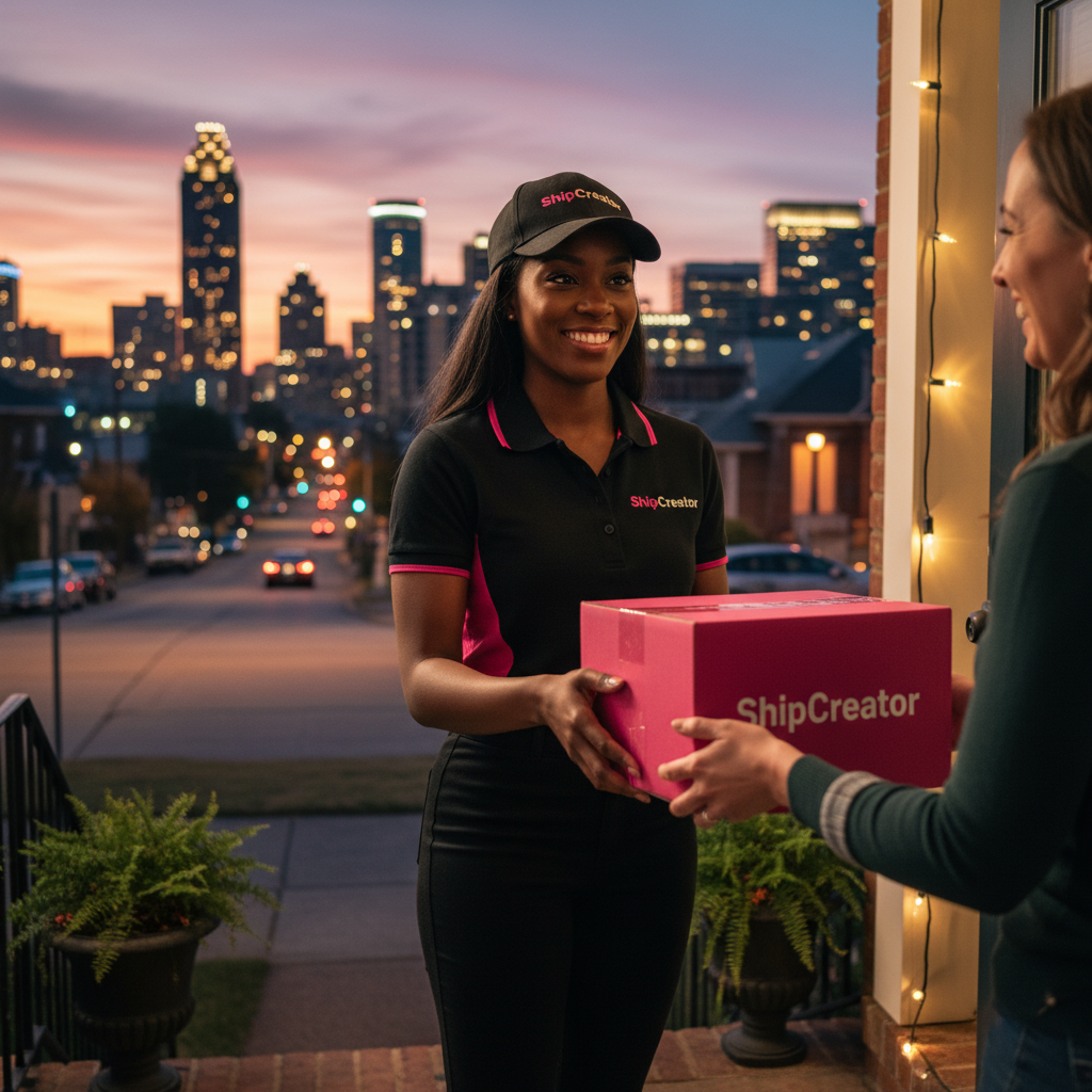 ShipCreator delivery team member delivering pink branded packages to customer door