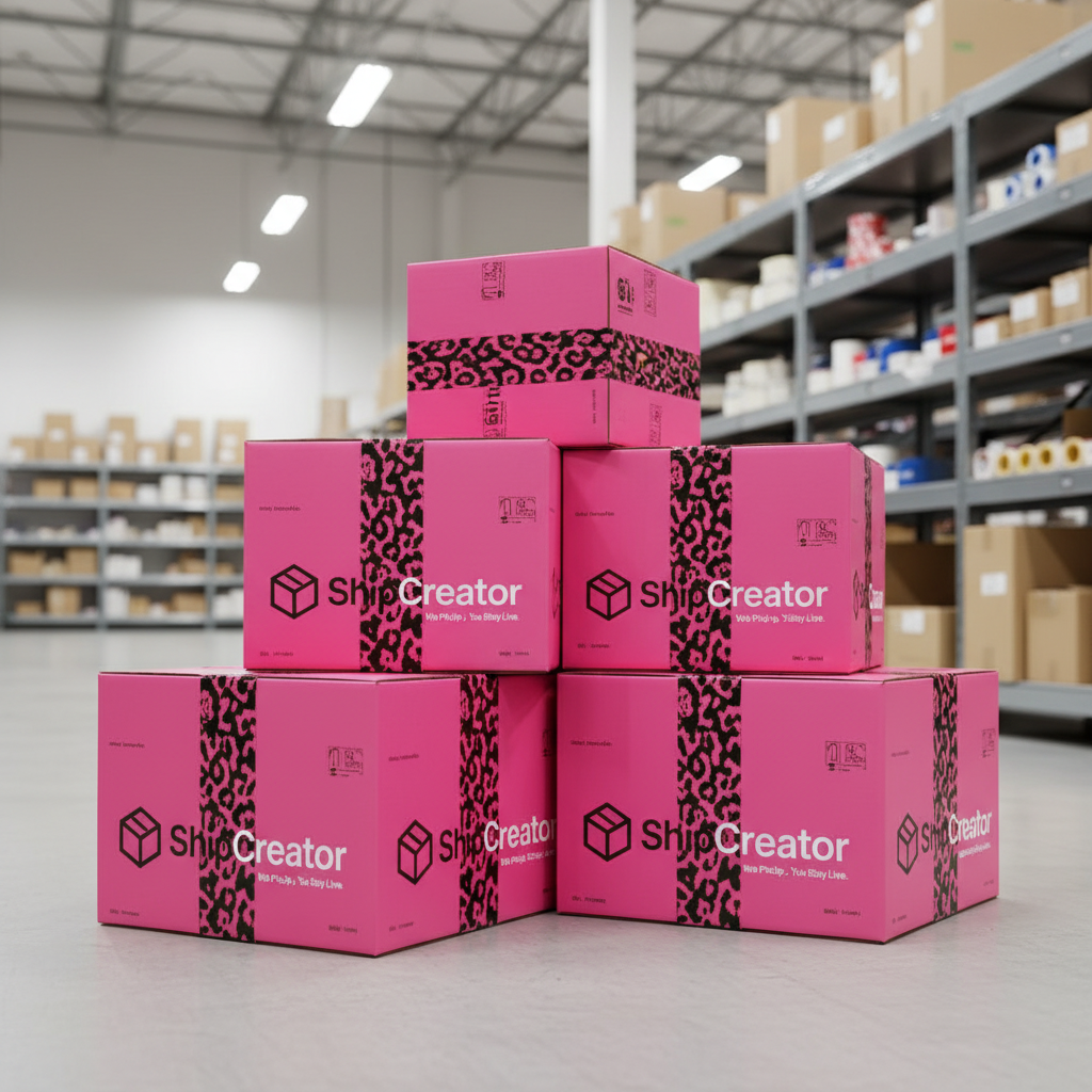 ShipCreator branded hot pink and black boxes with animal print stacked in warehouse