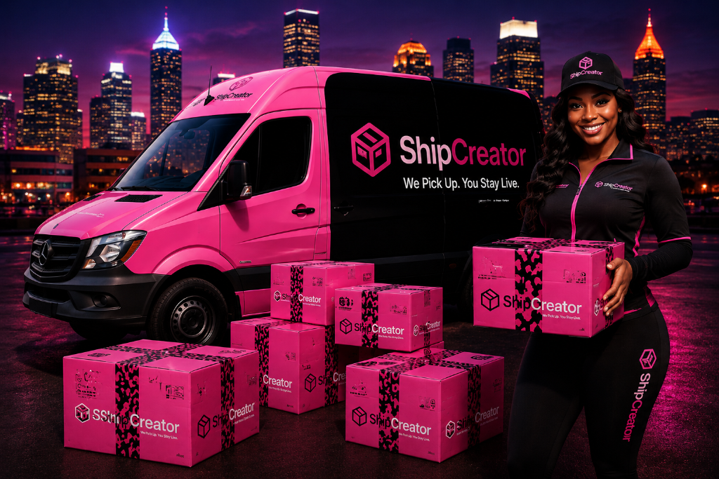ShipCreator branded delivery driver with van and pink packages Atlanta