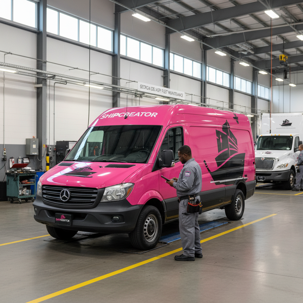 ShipCreator delivery van being serviced at maintenance facility