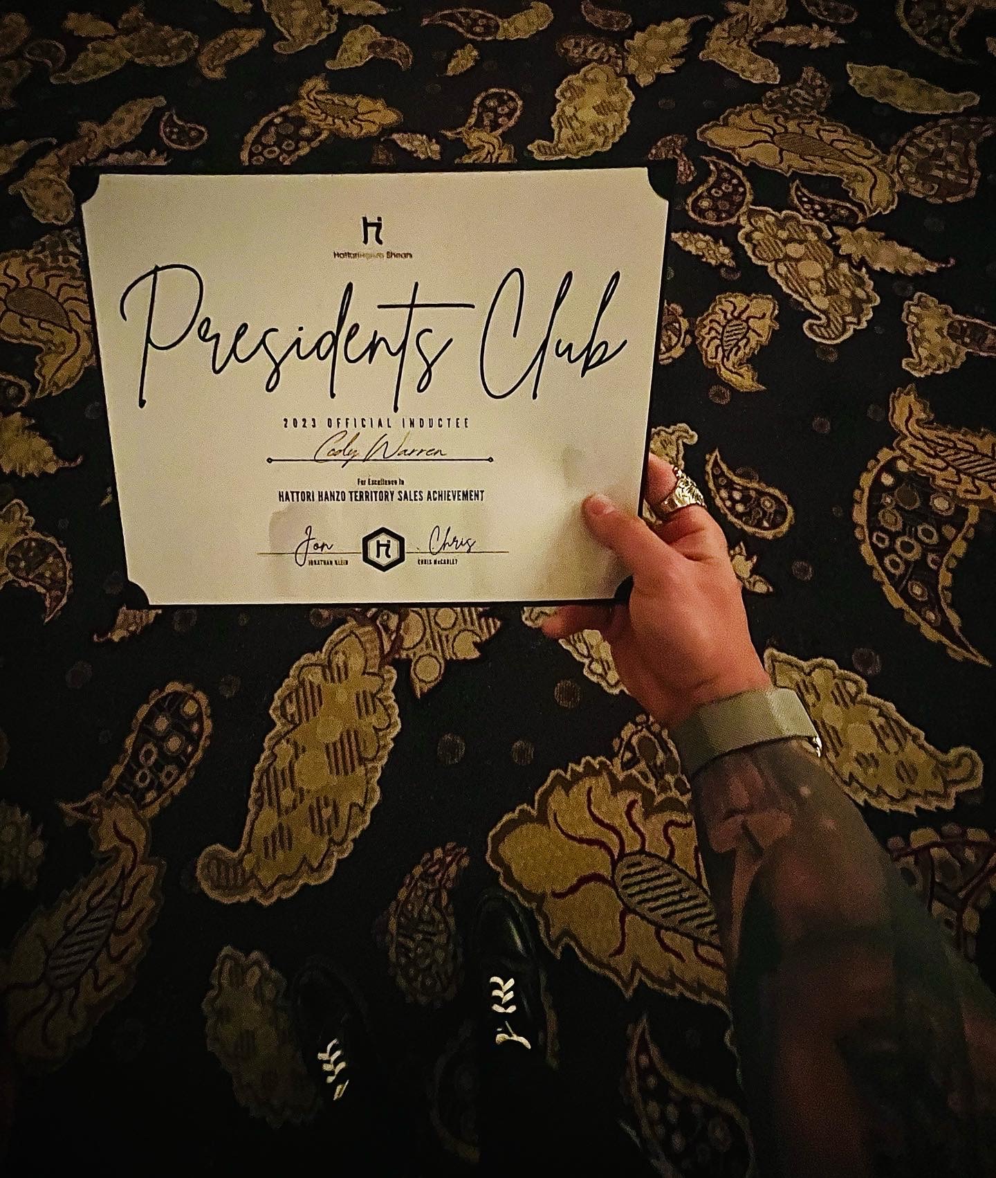President’s Club recognition certificate for Cody Warren from Hattori Hanzo Shears
